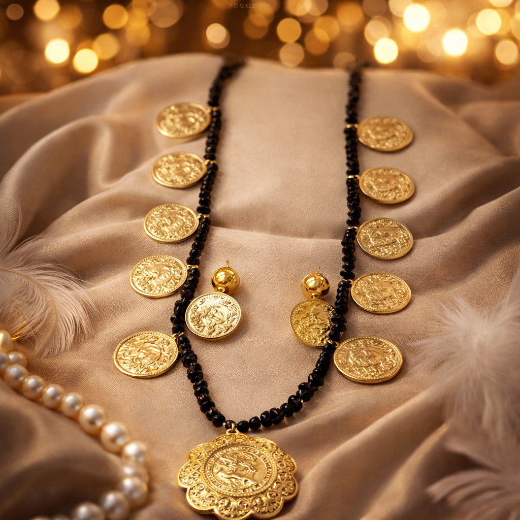 Collier Pièces Dorées & Perles Noires – Bijou de Fête