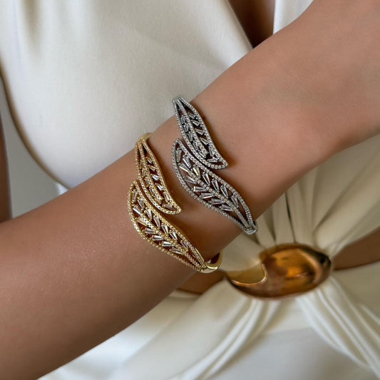 Bracelet Ailes d'Ange Cristaux Baguette – Jonc Ouvert Doré & Argenté