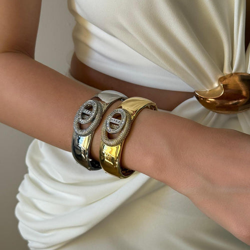 Jonc Luxe Cristaux – Bracelet Rigide Doré & Noir