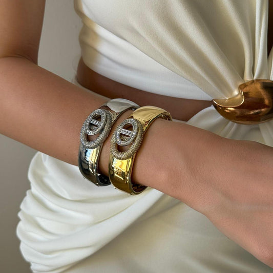 Jonc Luxe Cristaux – Bracelet Rigide Doré & Noir