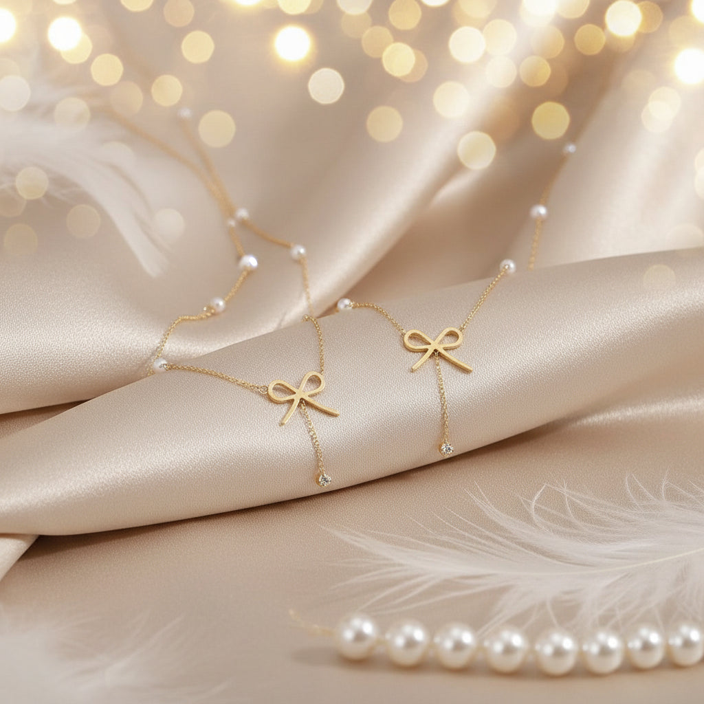 Parure Nœud Doré – Collier & Bracelet Perles et Cristal