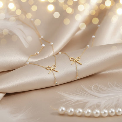 Parure Nœud Doré – Collier & Bracelet Perles et Cristal