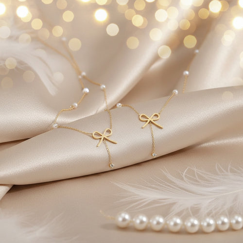 Parure Nœud Doré – Collier & Bracelet Perles et Cristal