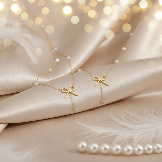 Parure Nœud Doré – Collier & Bracelet Perles et Cristal