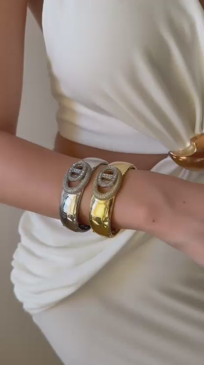 Jonc Luxe Cristaux – Bracelet Rigide Doré & Noir