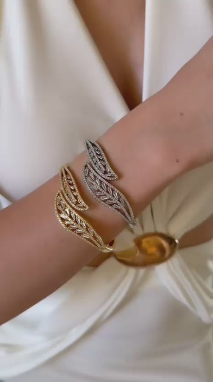 Bracelet Ailes d'Ange Cristaux Baguette – Jonc Ouvert Doré & Argenté